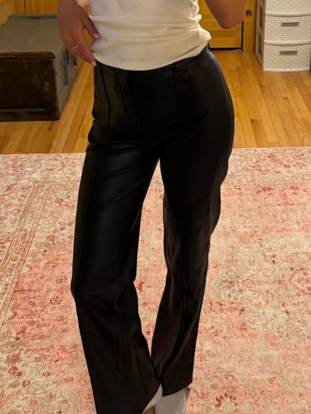 Zara Black Faux Leather Wide-Leg Pants - Fleece Lined Inside
